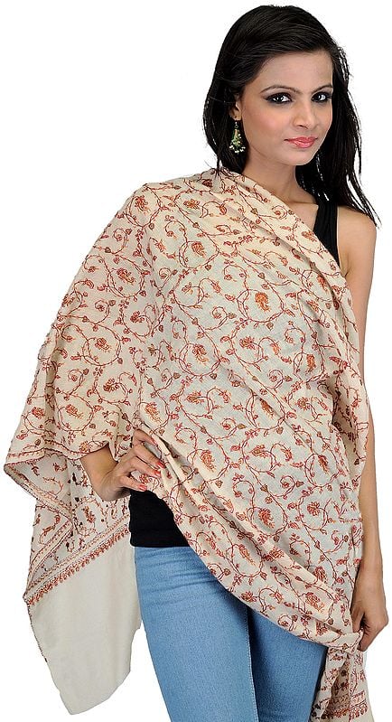 Ivory Pure Pashmina Stole from Kashmir with Sozni Hand Embroidered Paisleys All-Over