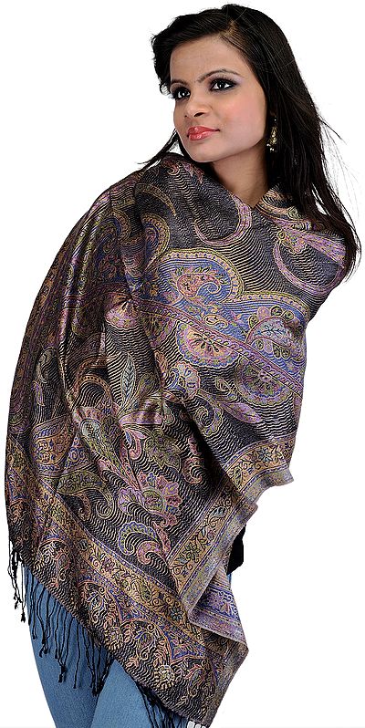 Dress Blues Super-Silk Jamawar Stole with Woven Paisleys and Flowers