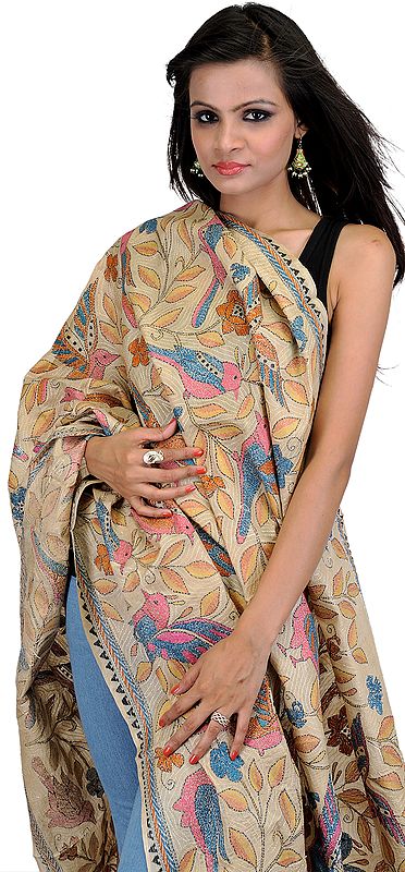 Beige Dupatta-Wrap with Kantha Stitched Embroidered Sparrows