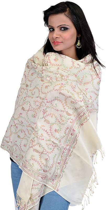 Ivory Stole from Amristsar with Aari Embroidered Paisleys