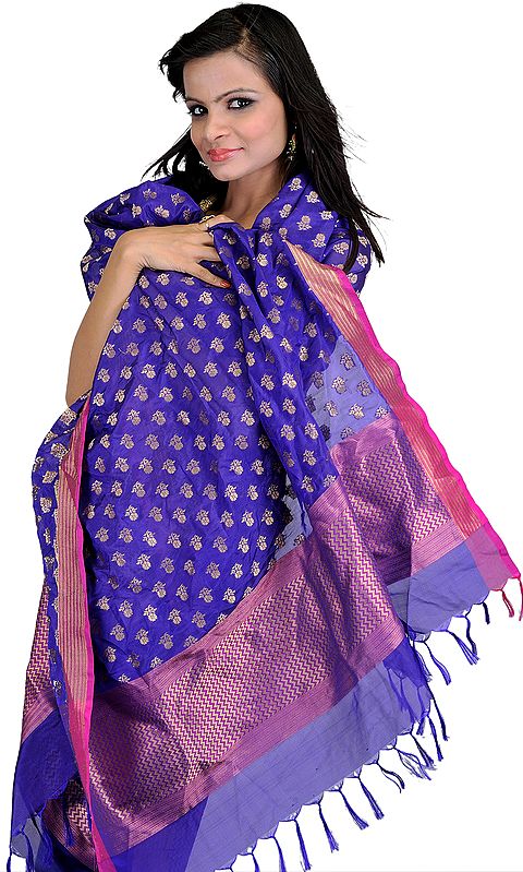 Liberty-Blue Summer-Silk Dupatta from Banaras with All-Over Woven Flowers in Golden Thread
