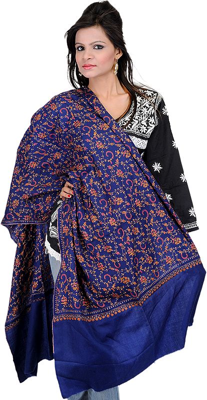 Navy-Blue Tusha Stole with All-Over Sozni Embroidery by Hand
