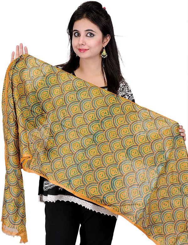 Muskmelon Stole with Kantha Stitched Embroidered Motifs