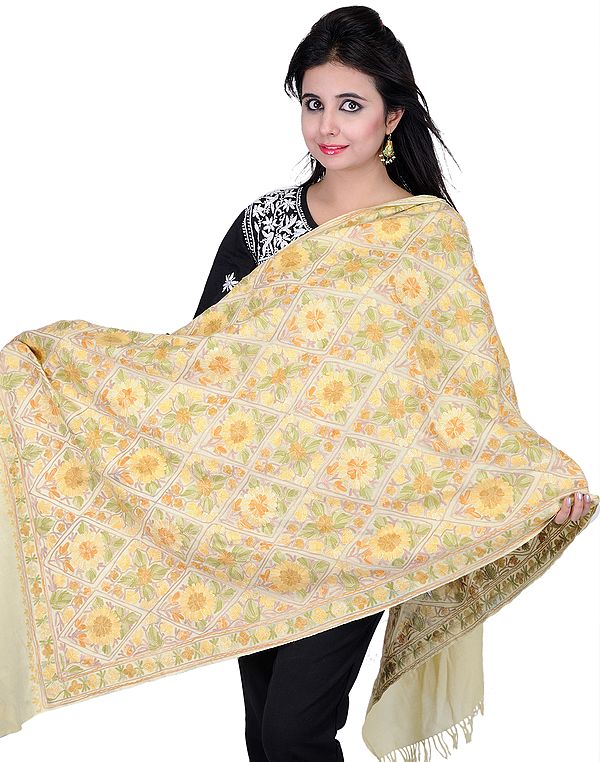 Green-Essence Kashmiri Stole with Hand Embroidered Flowers All-Over