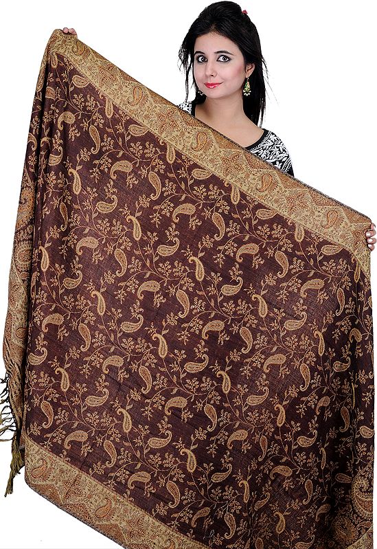 Carafe-Brown Reversible Jamawar Shawl with All-Over Woven Paisleys