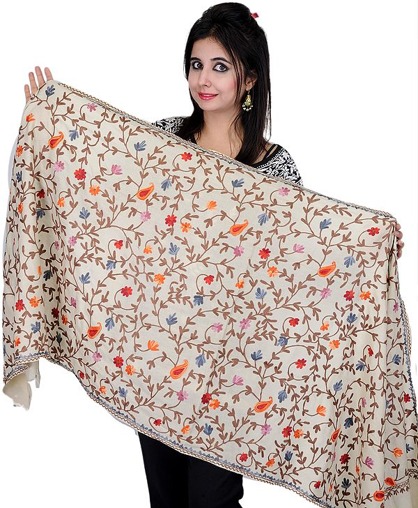 Ivory Stole from Amritsar with Aari Embroidered Flowers and Paisleys