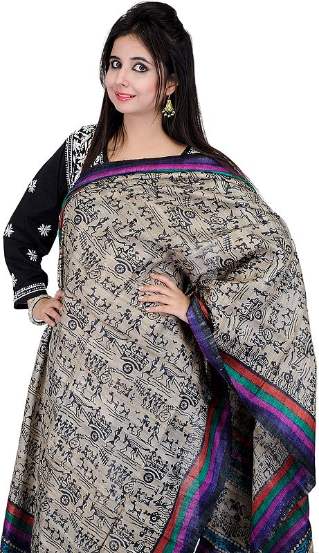 Feather-Gray Dupatta with Printed Figures Inspired by Warli Art