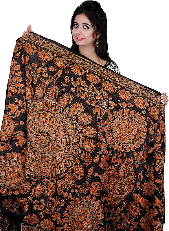 Black Dupatta-Wrap with Kantha Stitched Embroidered Elephants by Hand