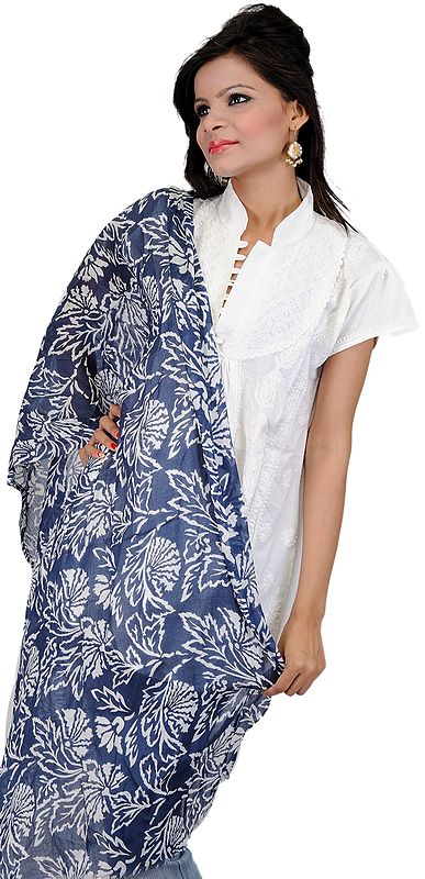 Marlin-Blue Stole with Printed Floral Leaves