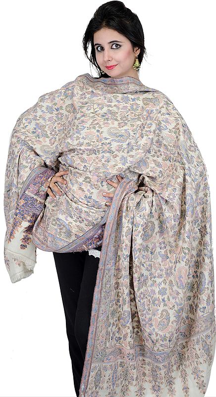 Ivory Kani Shawl with All-Over Woven Flowers in Multi-Color Thread