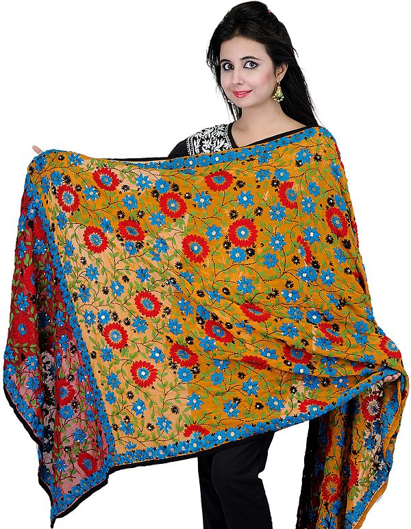 Sunflower Phulkari Dupatta from Punjab with Aari-Embroidered Flowers by Hand