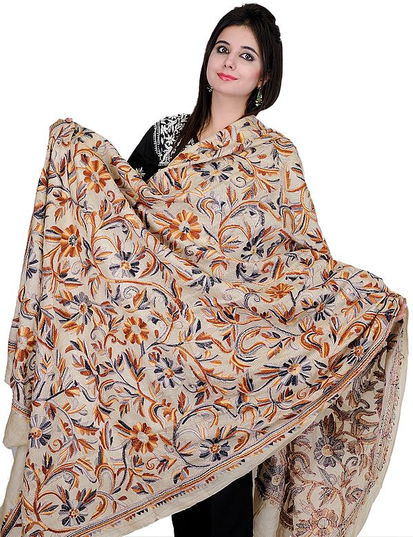Beige Kantha Shawl with Hand-Embroidered Flowers All-Over
