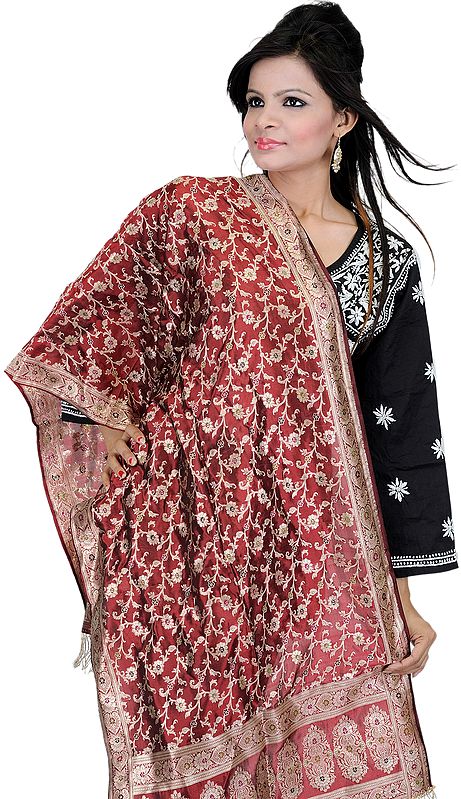 Red-Ochre Banarasi Stole with All-Over Woven Flowers and Brocaded Border