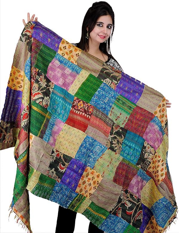 Reversible Multi-Color Kantha Embroidered Patchwork Shawl with Ikat Weave