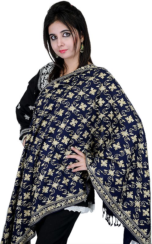 Navy-Blue Stole from Amritsar with Aari Embroidered Flowers and Beads