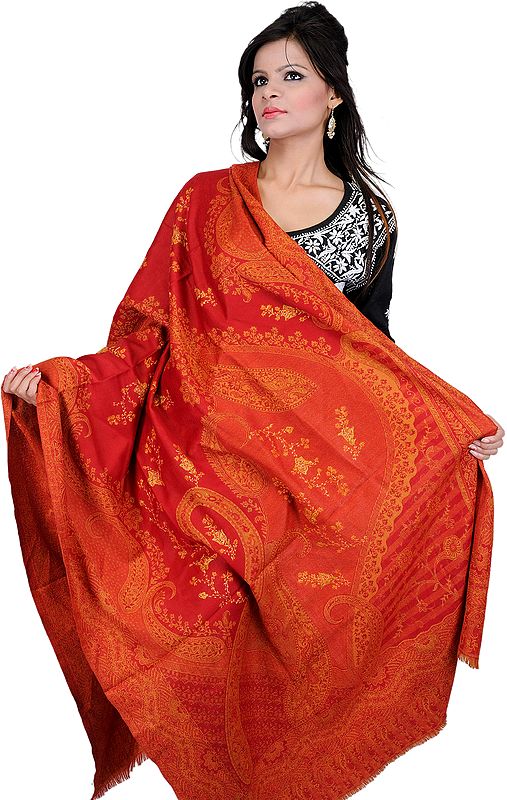 Mecca-Orange Shawl from Amritsar with Needle Stich Embroidery