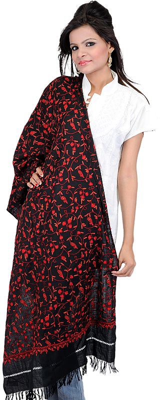 Black and Red Kashmiri Stole with Embroidered Paisleys by Hand