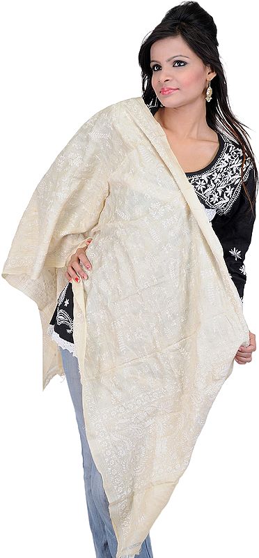 Ivory Scarf with Kantha Stitched Folk Figures Inspired by Warli Art