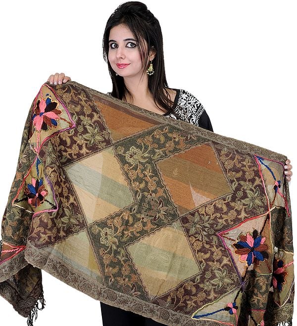 Golden-Olive and Brown Jamawar Stole with Floral Embroidery