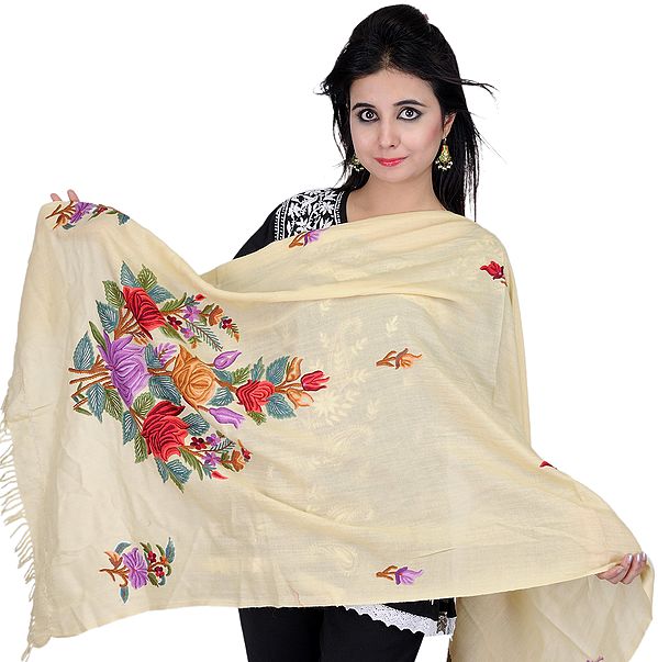 Pastel-Yellow Stole from Kashmir with Aari Embroidered Flowers by Hand