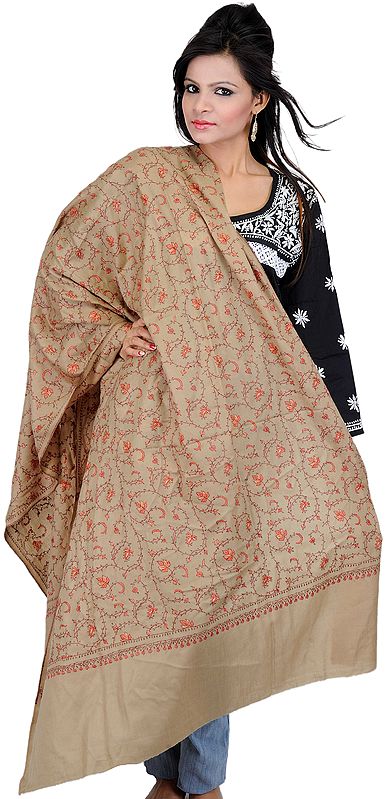 Khaki Kashmiri Tusha Shawl from Kashmir with Sozni Embroidery by Hand