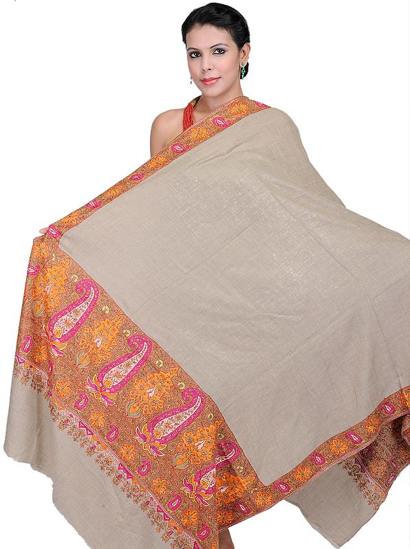Chateau-Gray Plain Pashmina Shawl from Kashmir With Sozni Hand-Embroidered Border