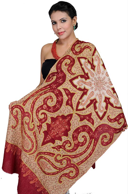 Khaki-Maroon Two-Ply Superfine Stole from Kashmir with Sozni Embroidery by Hand