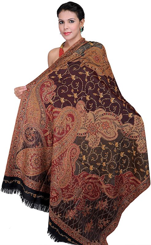Camel- Brown Jamawar Shawl with Large Woven Paisleys and Needle Embroidery