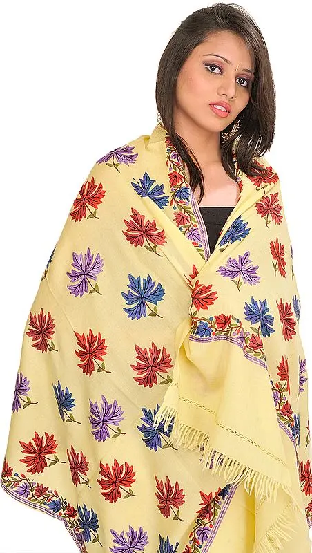 Stole from Kashmir with Hand Embroidered Maple Leaves