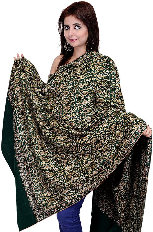 Antique-Green Kashmiri Pashmina Shawl with Fine Sozni Embroidery by Hand