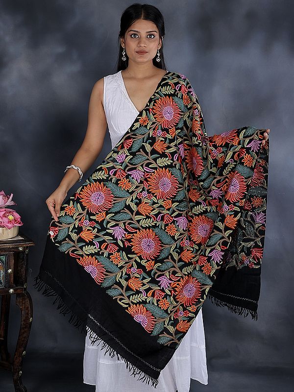 Stole from Kashmir with Aari Hand-Embroidered Sunflowers