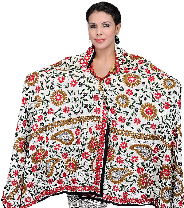 Ivory Phulkari Dupatta from Punjab with Aari-Embroidered Flowers by Hand
