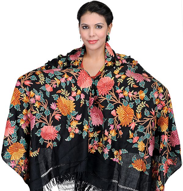 Black Floral Kashmiri Stole with Hand Embroidery All-over