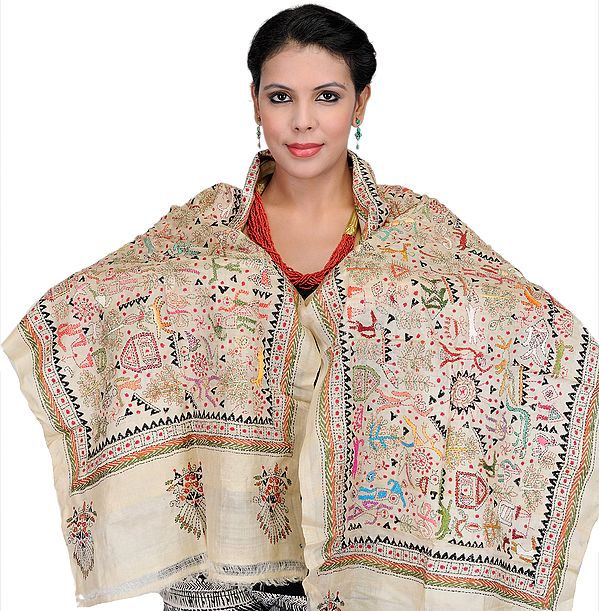 Beige Scarf with Kantha Stitch Embroidered Folk Motifs