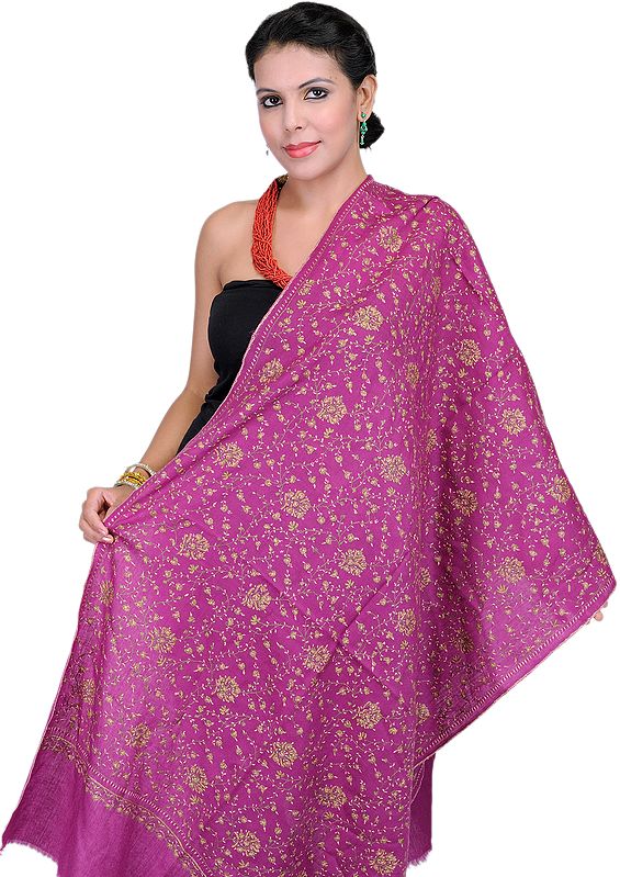 Dewberry-Purple Tusha Stole with Needle Stitched Embroidered Flowers