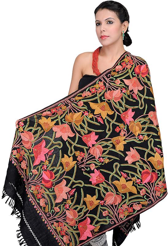 Black Stole from Kashmir with Aari Embroidererd Flowers by Hand