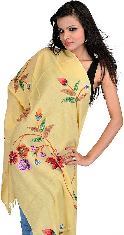Pastel-Yellow Kashmiri Stole with Hand Embroidered Flowers