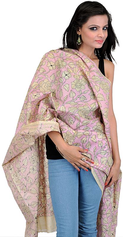 Beige and Pink Dupatta-Wrap with Kantha Stitched Embroidery by Hand