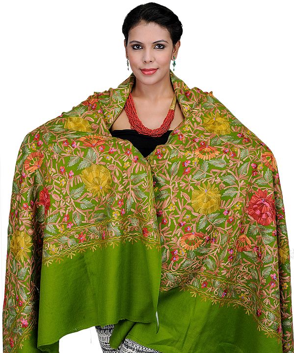 Green-Eyes Shawl from Kashmir with Aari Embroidered Flowers All-Over