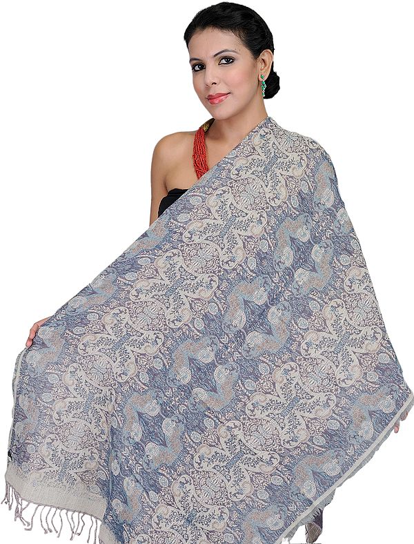 Wistful-Mauve and Rose Reversible Jamawar Stole with Thread Weave