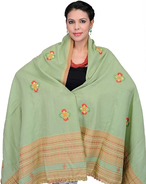 Smoke-Green Shawl from Kutch with Embroidered Flowers and Mirrors
