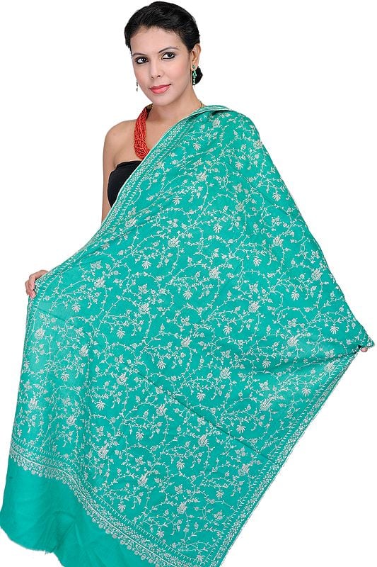 Alhambra-Green Tusha Stole from Kashmir with Needle Stitched Embroidery