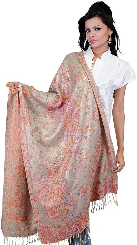 Light-Gray and Rust Jamawar Stole with Large Woven Paisleys