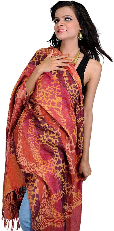 Pink and Rust Jamawar Stole with Jacquard Woven Leopard Skin
