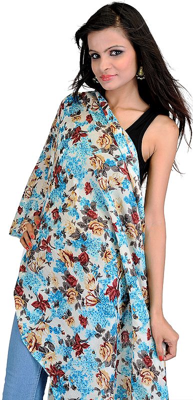 Ivory Stole with Digital Printed Flowers