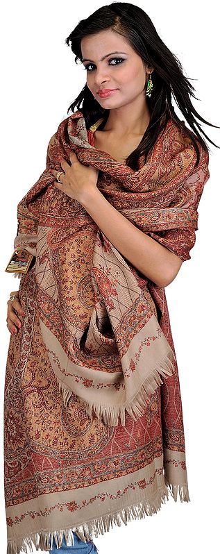 Gray Jamawar Shawl with Large Woven Paisleys and Needle Embroidery