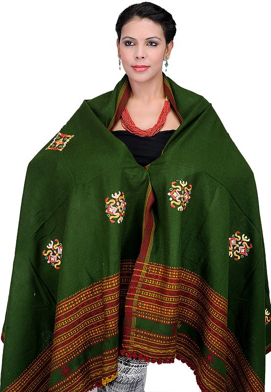 Myrtle-Green Shawl from Kutch with Antiquated Rabari Embroidery and Mirrors