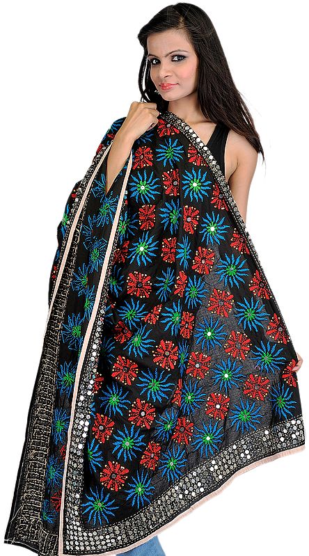 Black Phulkari Dupatta from Punjab with Embroidery and Sequins