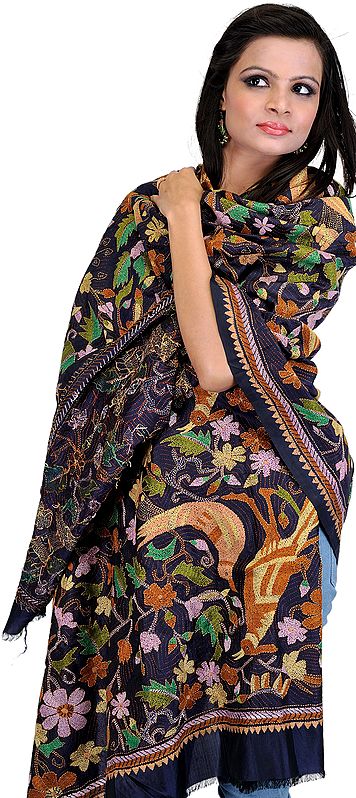 Navy-Blue Dupatta with Kantha Stitched Embroidered Birds and Flowers