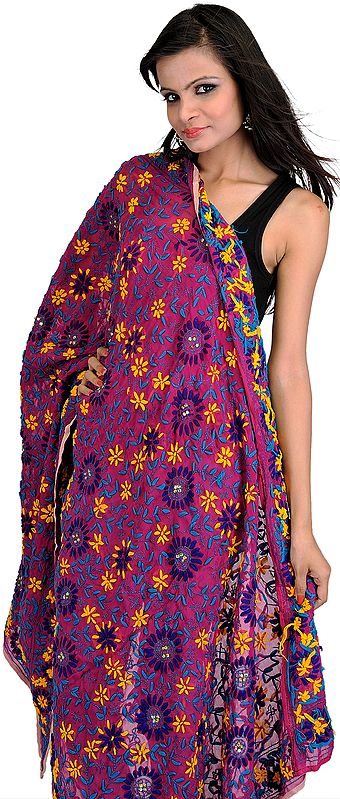 Clover-Purple Phulkari Dupatta from Punjab with Aari Embroidered Flowers